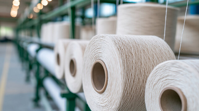 Large spools of raw cotton thread on factory