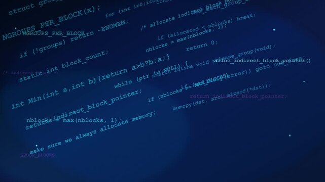 Software programming code lines scrolling across dark blue digital monitor screen background video motion clip