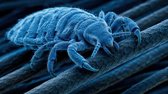 Colorized scanning electron microscope image of head louse gripping hair strand, blue toned pediculosis awareness concept with textured background