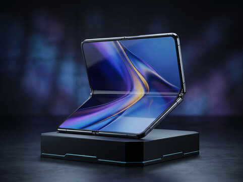 Futuristic foldable smartphone half-opened on a tech podium displaying colorful fluid wallpaper in a dark moody studio   