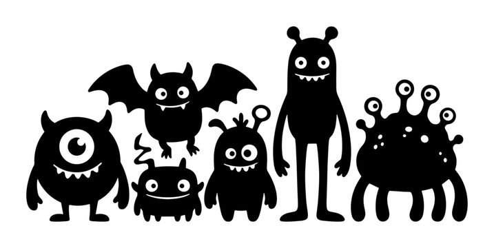 Cute monster silhouettes set with bat, cyclops, and alien characters for Halloween