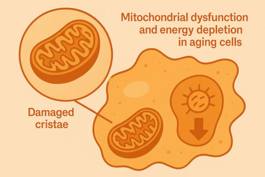 Mitochondrial dysfunction and energy depletion illustration in aging cell with damaged cristae structure shown in warm orange cream educational biology diagram
