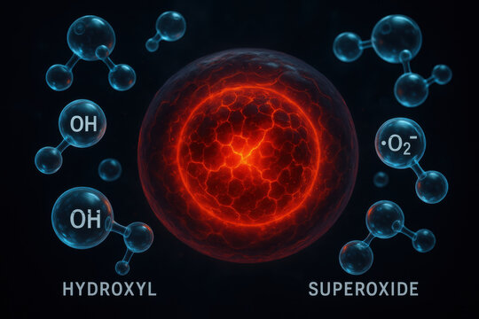 Glowing red cell core surrounded by blue transparent molecule bubble, with hydroxyl and superoxide label on dark scientific background