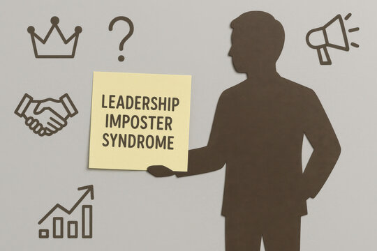 Leadership imposter syndrome concept with silhouette holding sticky note surrounded by business icon on gray background