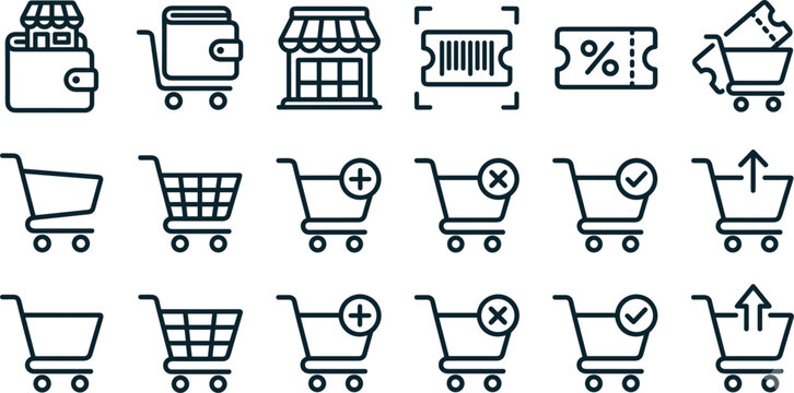 PrintE Commerce and Online Shopping Icon Set with Shopping Carts Wallets Storefronts Barcode Scanners Coupons and Checkout Action Symbols in Bold Outline Vector Style