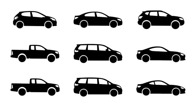 Car silhouettes set with sedan, SUV, pickup truck, minivan and sports car for transport and automotive design