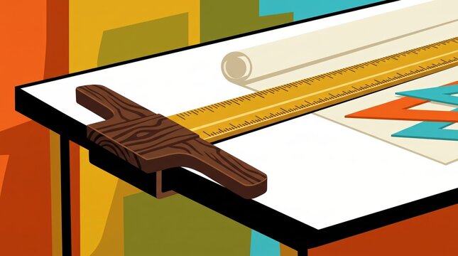 Classic Wooden T-Square Ruler on Architectural Drafting Board