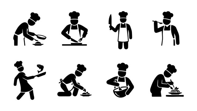 Chef silhouettes set with cooking, tasting, and serving food for culinary or restaurant concepts