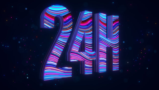 Futuristic 3D 24H typography with blue and purple flowing light trails, glowing particles, sparkles, and bokeh against a dark digital space background.