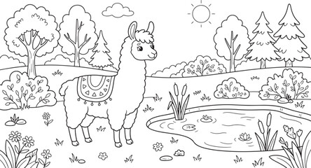 Fototapeta premium Cute cartoon llama standing near a pond in a nature landscape with trees, bushes, flowers, and sun in a black and white coloring book page style outline al