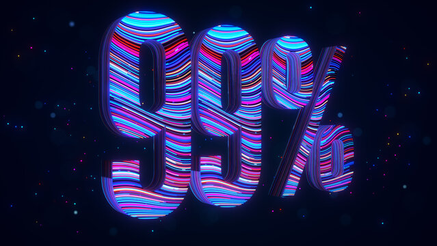 Futuristic 3D 99 percent number with blue and purple flowing light trails, glowing particles, sparkles, and bokeh against a dark digital background.