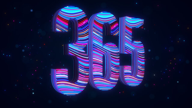 Futuristic 3D number 365 with blue and purple flowing light trails, glowing particles, sparkles, and bokeh symbolizing year round service against a dark digital background.