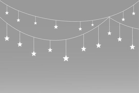 celestial garlands with glowing white stars, gentle curves and balanced hanging ornaments
