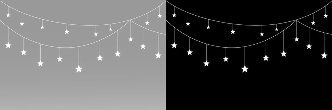 celestial garlands with glowing white stars, gentle curves and balanced hanging ornaments