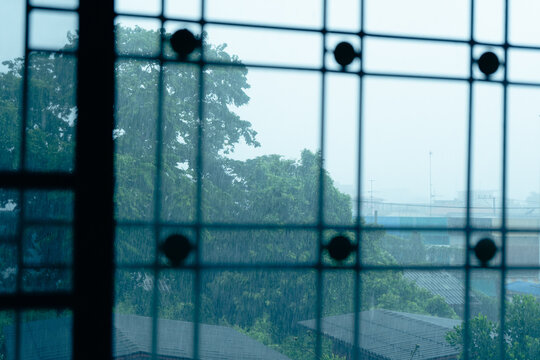Heavy Rain Downpour View Looking Through Window Metal Grille from Inside Cozy House to Rainy Outdoor Urban Cityscape