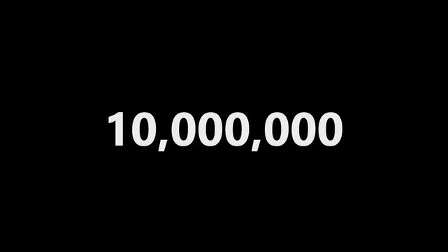 Animated number counter counting from 0 to 10 million (10M) with bold white digits on a transparent background with alpha channel. Ideal for statistics, views, downloads, followers.