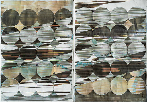 Handmade Abstract Geometric Collage of Repeated Circle Pattern from Colorful Glitch Distortion Scanner Art in Inverted Negative Film-Like Color Tone on Paper