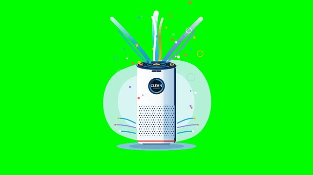 Modern tower air purifier emitting gentle flowing clean airflow ribbons with micro particle filtration in colorful vector animation.