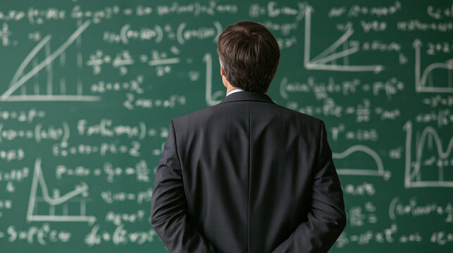 Businessman standing before chalkboard covered with math formulas