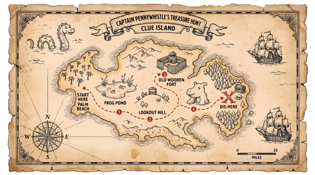 Pirate treasure map with numbered stops engraving vector illustration
