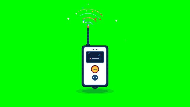 Emergency portable satellite transceiver emitting alert radio wave pulses and wireless distress signals in colorful vector animation.