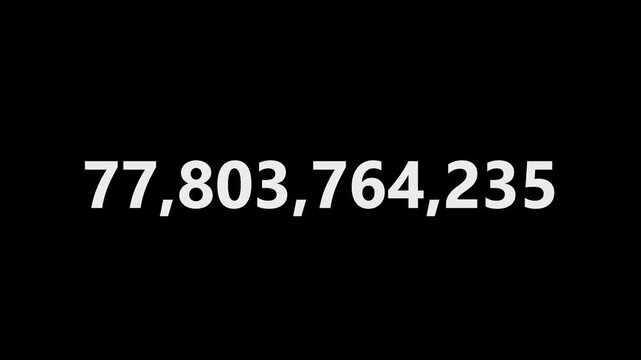 Animated number counter counting from 0 to 100 billion (100B) with bold white digits on a transparent background with alpha channel. Ideal for revenue, valuation, net worth, market cap and big-number 