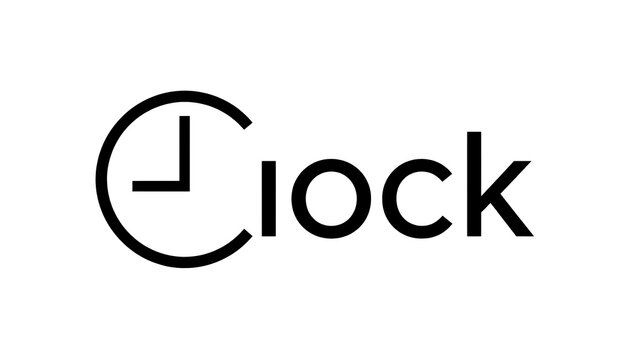 Minimalist clock typography logo design featuring creative black text and simple lines on white background