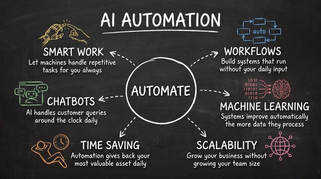 AI automation mind map on blackboard. Features smart work, workflows, chatbots, machine learning, time saving, and scalability. Chalkboard diagram for business strategy and tech.