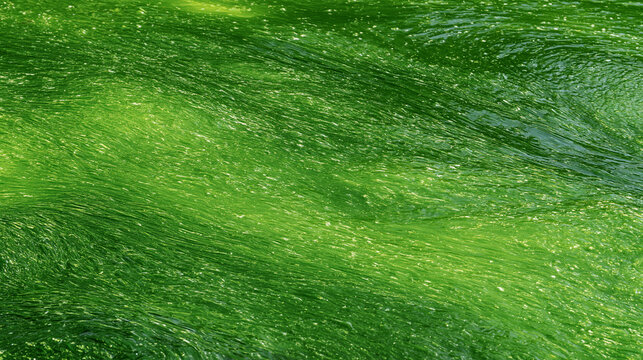 Vibrant green algae flowing in clear water