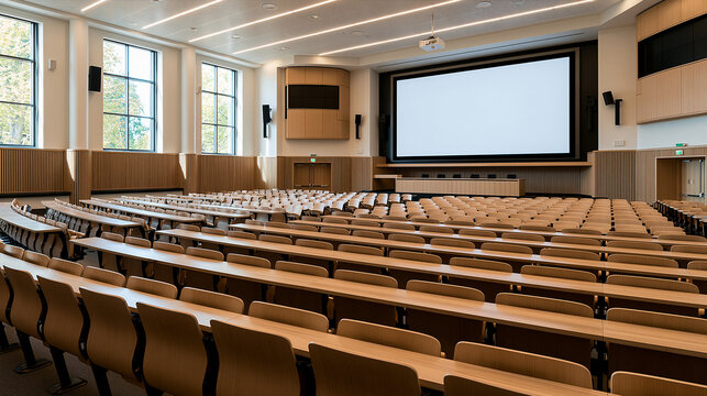 Modern university lecture hall with empty rows and