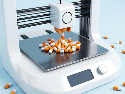 Innovative desktop 3D printer produces pile of pharmaceutical capsules directly on metal build plate for customized healthcare dosing in modern laboratory setting.