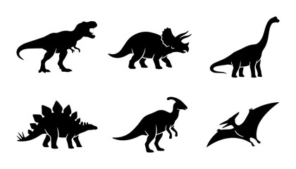 Dinosaur silhouettes set with T-Rex, Triceratops, Brontosaurus, Stegosaurus, Parasaurolophus and Pterodactyl for kids education or logo © Niloy