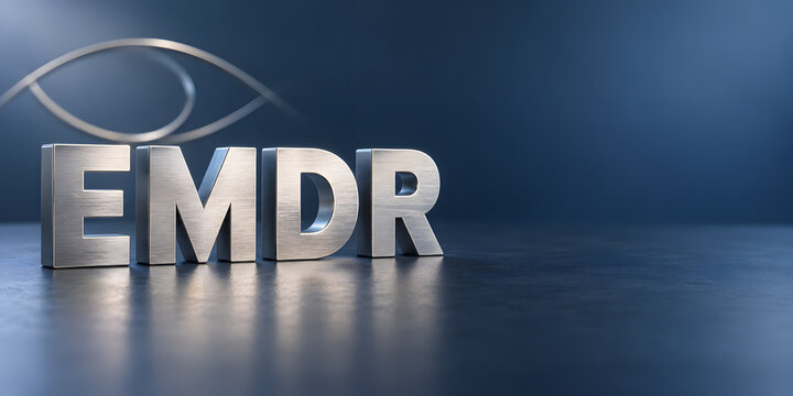 Metallic EMDR letters with curved wave motif and reflective dark blue surface beside right copy space for trauma therapy concepts.