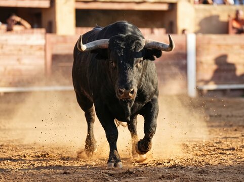 A powerful black bull charging fiercely across a dusty arena kicking up dirt and sand, capturing raw strength, intense energy, and dramatic action in traditional Spanish bullfighting