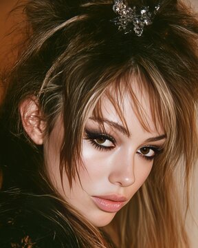 Woman with dramatic dark eye makeup, tousled highlighted hair, jeweled hair accessory, and black textured clothing in a close beauty editorial portrait