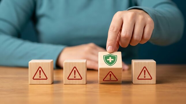 Woman finger turning over wooden block with green shield cross symbol from red alert icon on wooden table representing health insurance policy benefits.