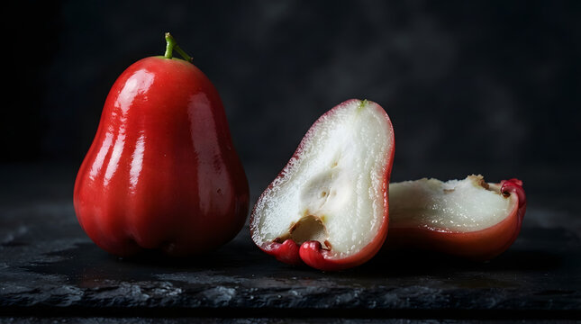 Vibrant red rose apples, whole and halved, on dark background. Reveals crisp, juicy white interior, embodying refreshing tropical flavor and healthy appeal