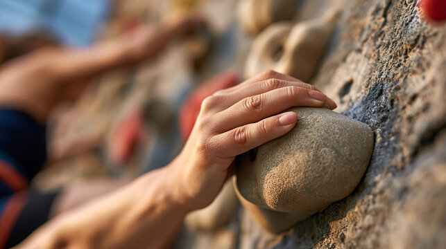 Climber hand gripping rock hold on climbing wall