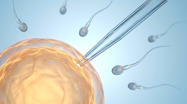 Microscopic view of in vitro fertilization procedure where glass pipette injects sperm directly into human oocyte cell membrane for reproductive assistance.
