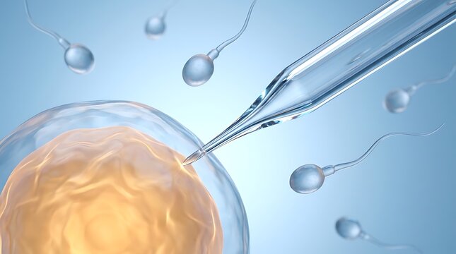 Medical procedure of intracytoplasmic sperm injection under microscope shows glass micro needle approaching female ovum membrane for artificial in vitro fertilization.