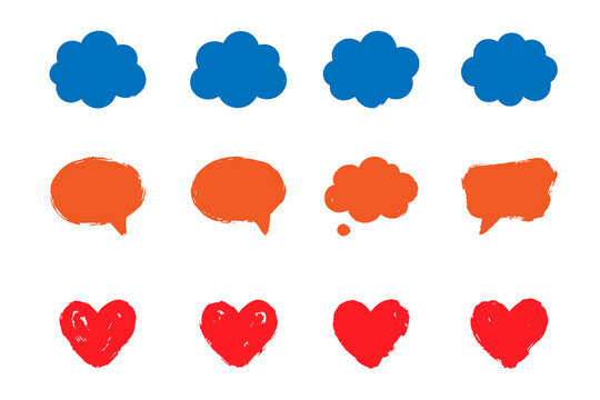 Hand drawn speech bubble clouds and red heart icons collection isolated on transparent background