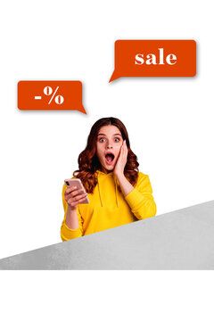 Trendy image artwork pop trend collage of excited girl hold phone bubble percentage sale black friday addiction consumerism