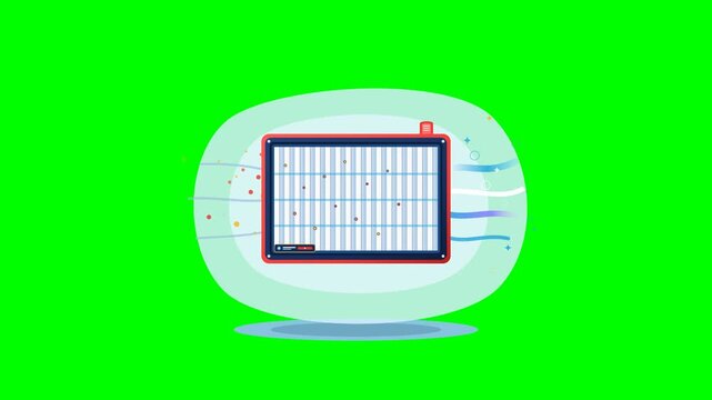 Pleated HEPA filter cartridge expanding in gentle breathing motion while intercepting airborne particles in colorful vector animation.
