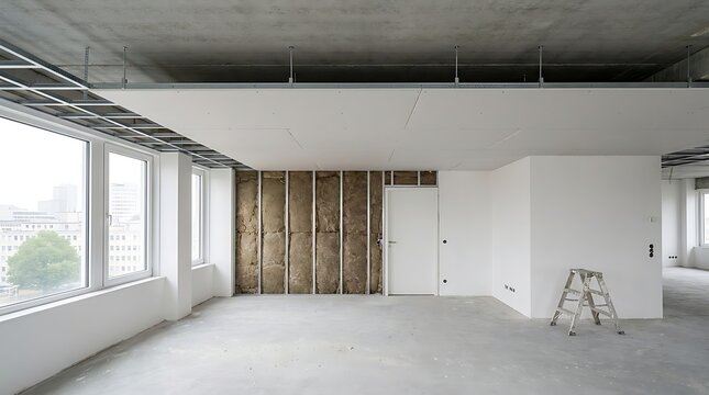 Unfinished office interior construction with exposed insulation, drywall, and open ceiling structure, large windows with city view.