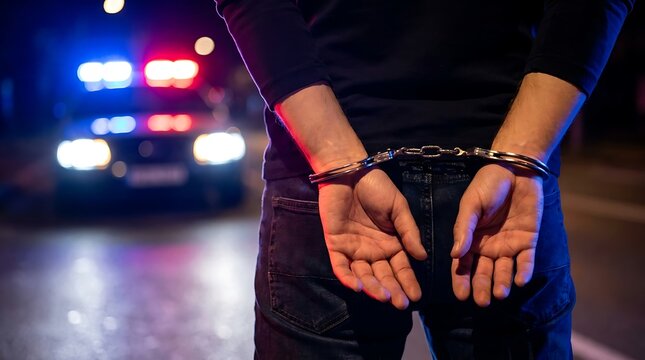 Suspect with hands cuffed behind back near blurred police car lights at night, symbolizing arrest and law enforcement.