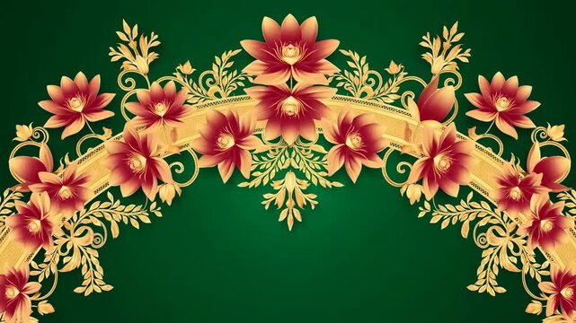 Red and gold floral arch shifts gently against dark green background, framing open central space with layered blossoms, curling vines, ornate leaves, and warm highlights along curved border