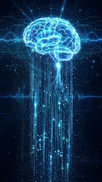 High-tech glowing AI brain integrated with oscilloscope audio waves, complex HUD interface rings, and falling vertical cyber data streams. 147 characters