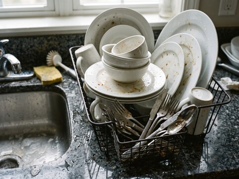 Dirty dishes in drying rack next to kitchen sink featuring stained plates, bowls, cups, and cutlery waiting for cleanup chores and housework