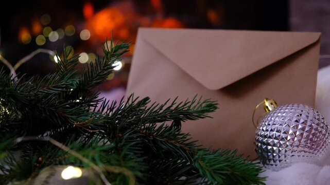 Christmas tree, decorations, envelope. Magic of the holiday season. Warm string lights twinkle gently, casting a golden glow. Fireplace,  flame, fir branches adds comforting warmth, the subtle scent