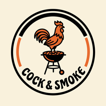 A vintage-style circular logo featuring a rooster standing on a barbecue grill with bold text for a barbecue restaurant or food brand